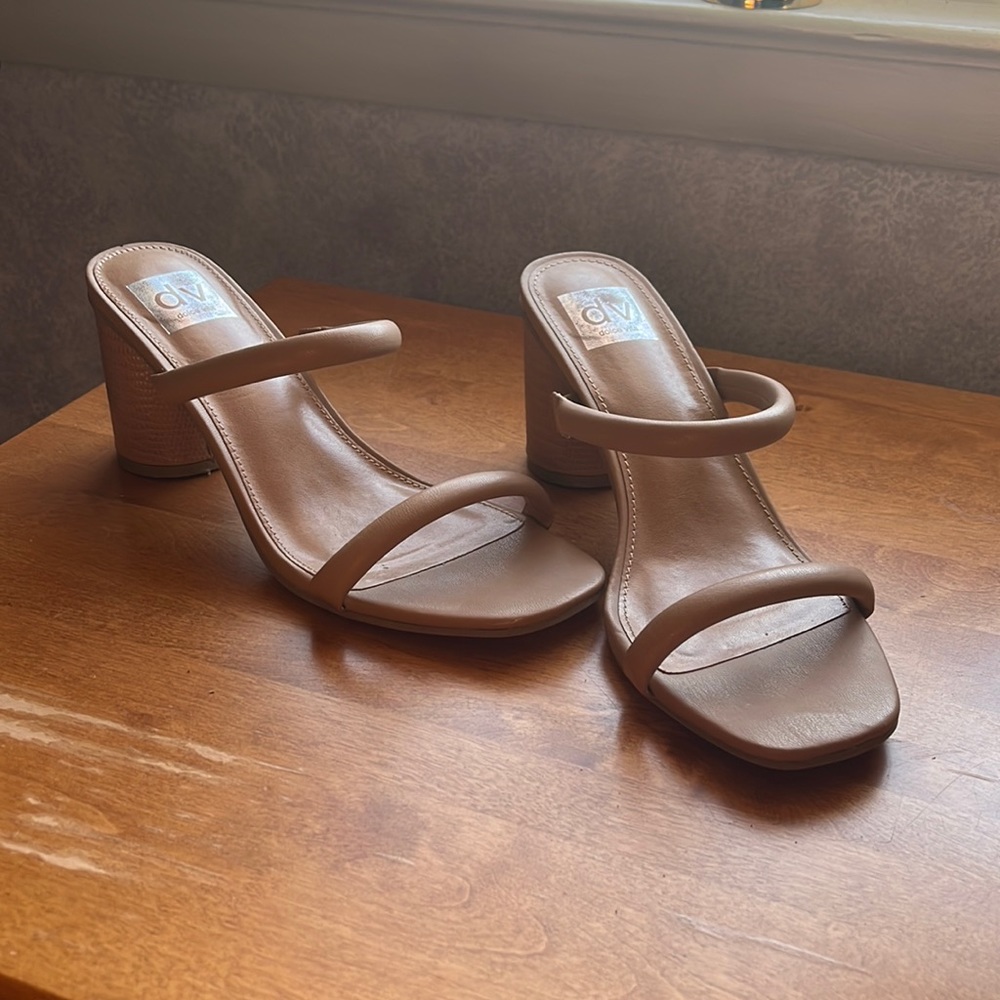 Tan low backless strap block heels. Wore once for wedding.